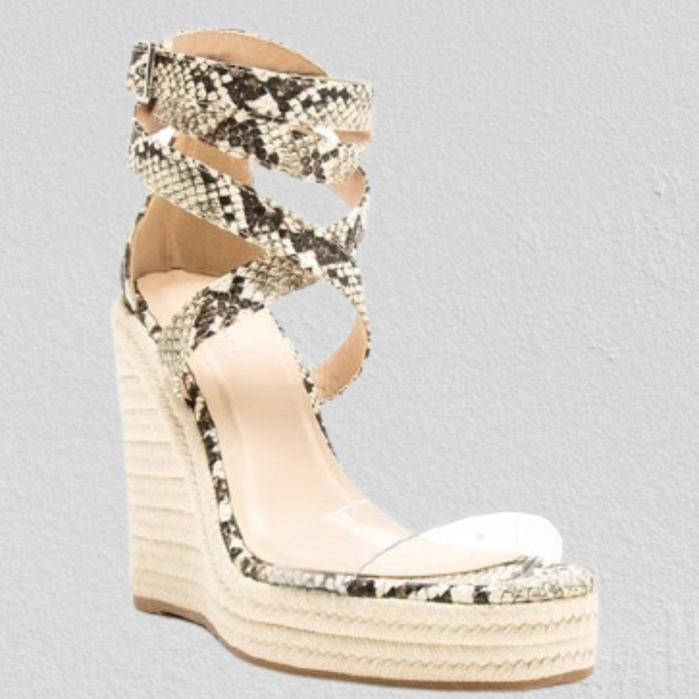 NIB QUPID CASCADE-07 IVORY BROWN SNAKE PU ANKLE WRAP WEDGE SANDAL